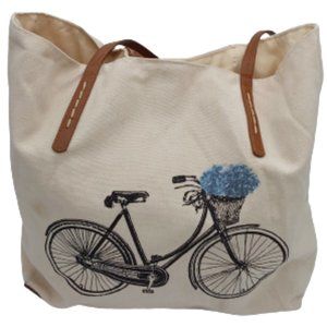 Large Tote bag, leather strap  black bike and blue flowers super cute for summer